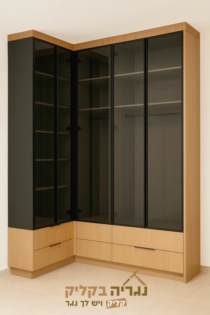 ארון פינתי בהתאמה אישית – דגם בלאק ווד גלאס