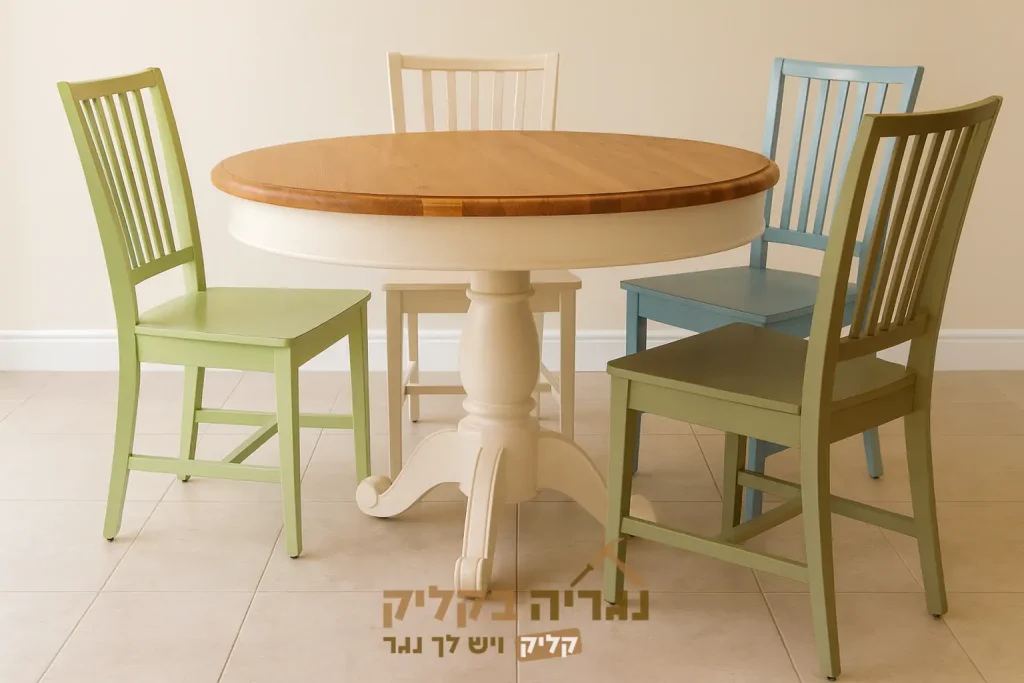 שולחן אוכל עגול כפרי בהתאמה אישית – שילוב עץ טבעי ושמנת בעיצוב חמים