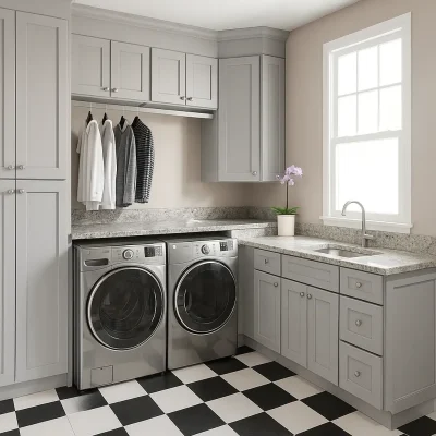 חדר כביסה מעוצב עם ארונות נגרות בהתאמה אישית - דגם גריי ליין