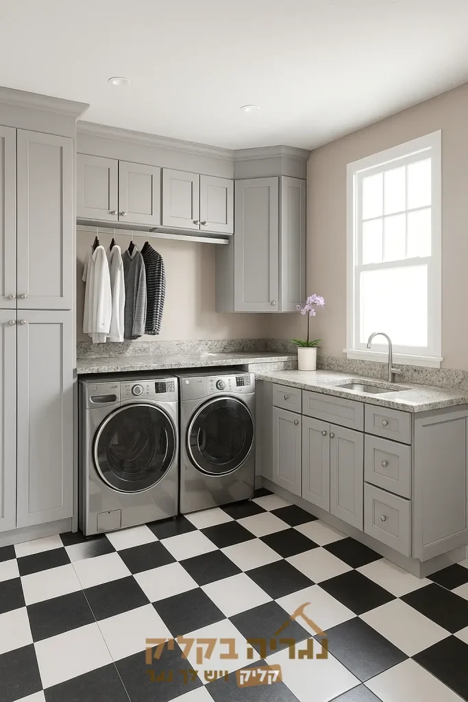חדר כביסה מעוצב עם ארונות נגרות בהתאמה אישית – דגם גריי ליין