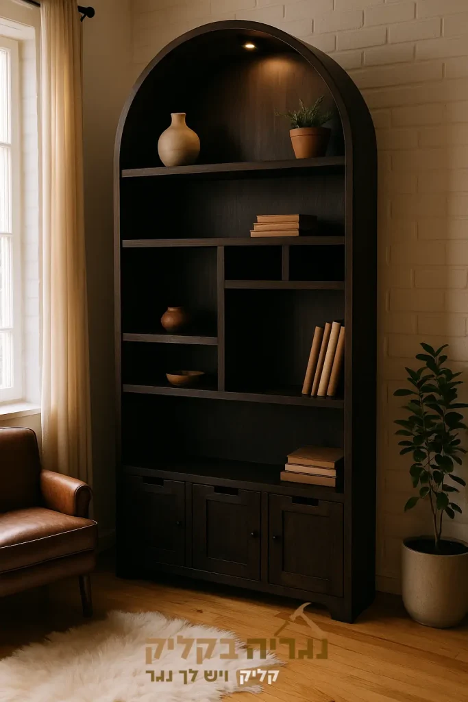 ספריית משרד יוקרתית בגוון עץ כהה בהתאמה אישית – דגם ארקו