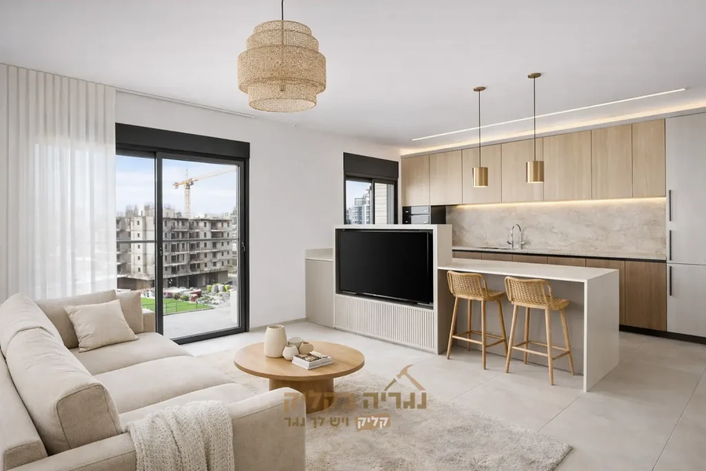 אי מטבח עם עמדת טלוויזיה מודרנית