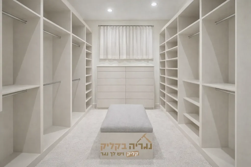 חדר ארונות יוקרתי בהתאמה אישית עם מגירות ומוטות תלייה