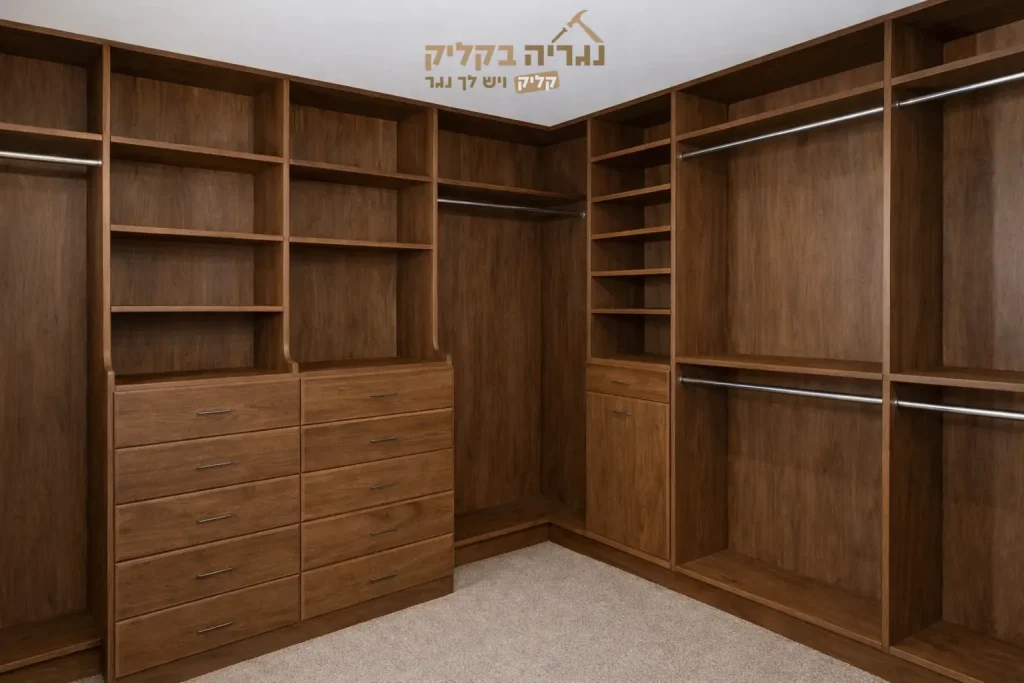 חדר ארונות יוקרתי בגוון אגוז עם מגירות ומוטות תלייה