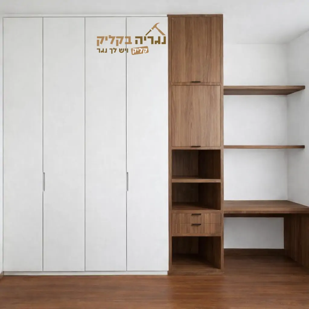 ארון קיר מודרני עם פינת עבודה וספרייה מעץ טבעי