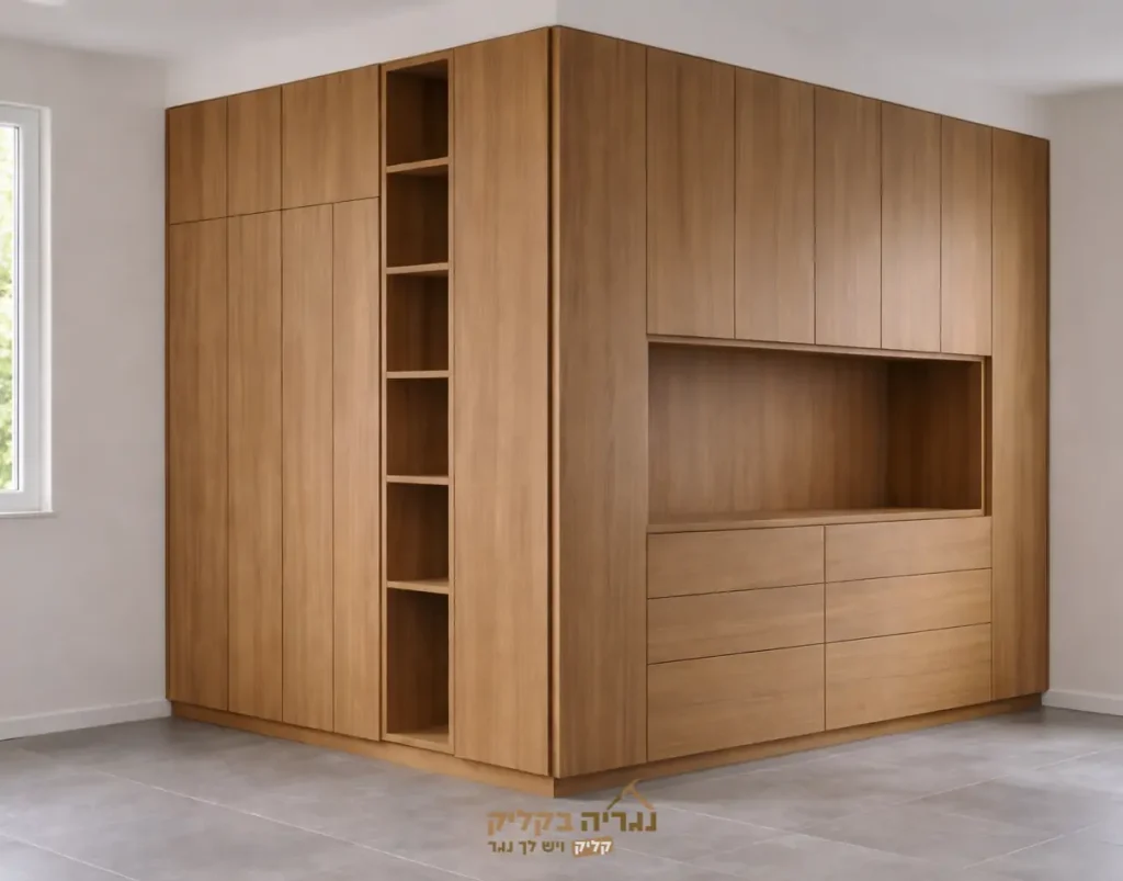 ארון פינתי מעץ אלון עם נישת מדפים ומגירות