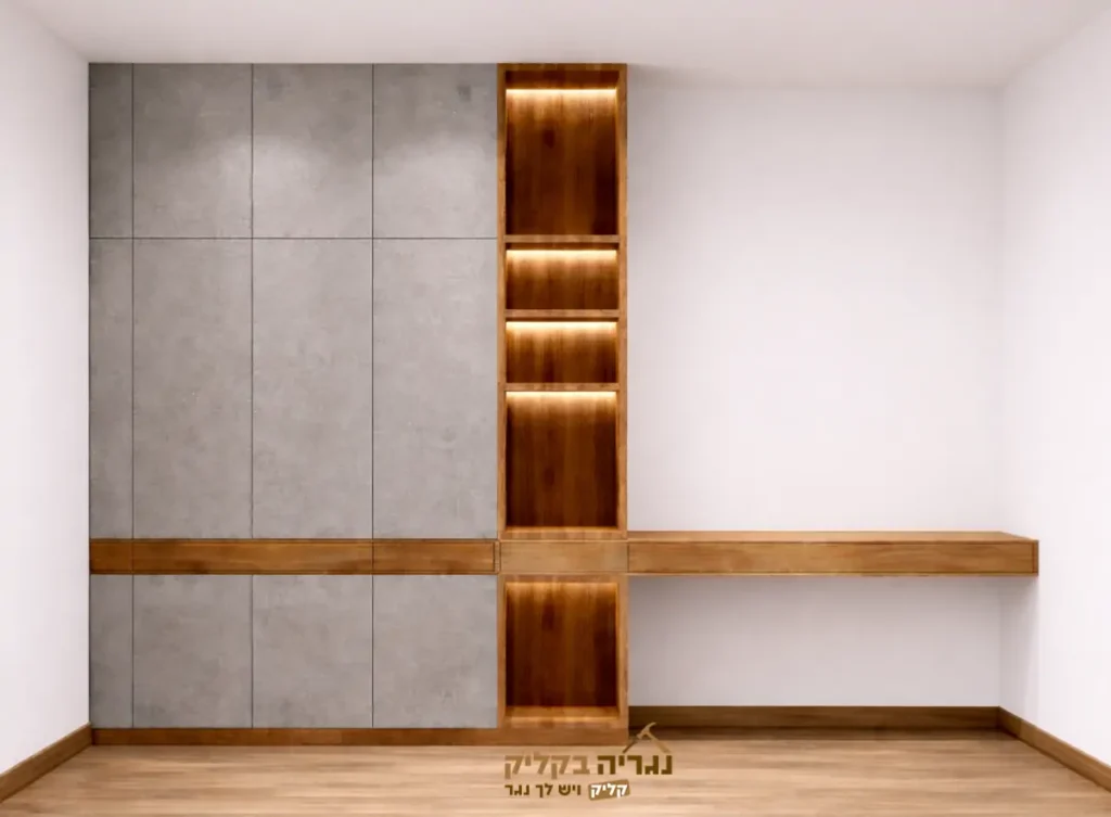 ארון מודרני עם נישת מדפים מוארת ושולחן עבודה