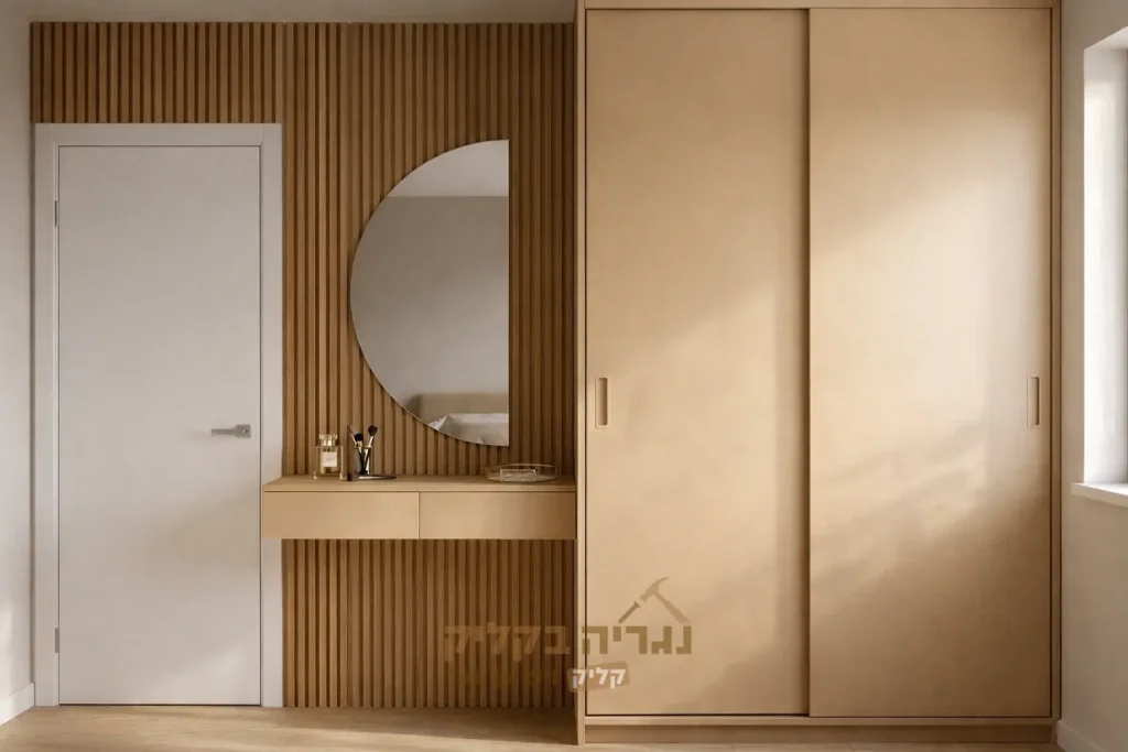 ארון הזזה עם עמדת איפור וחיפוי קיר דקורטיבי