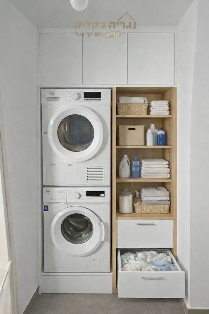 ארון שירות חכם לחדר כביסה עם אחסון ומגירות נשלפות