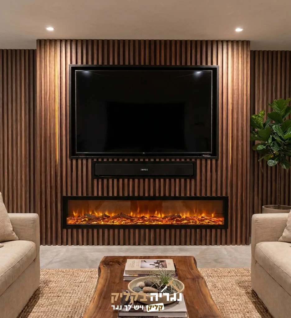 קיר טלוויזיה יוקרתי עם חיפוי אגוז וקמין אינטגרלי
