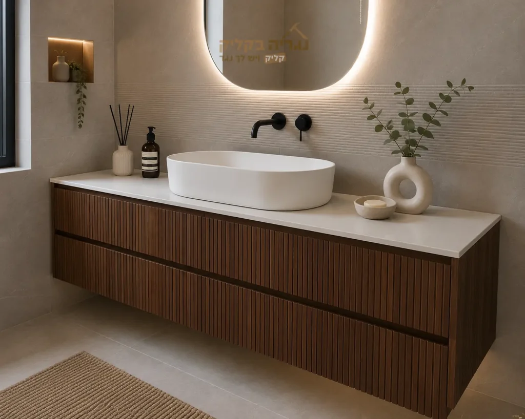 ארון אמבטיה תלוי דגם WALNUT LINE בגוון אגוז כהה עם כיור מונח