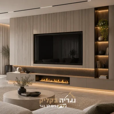 קיר כוח לטלוויזיה דגם RIVA עם חיפוי מחורץ בגוון גרייז', קמין אינטגרלי וספריית אגוז מוארת